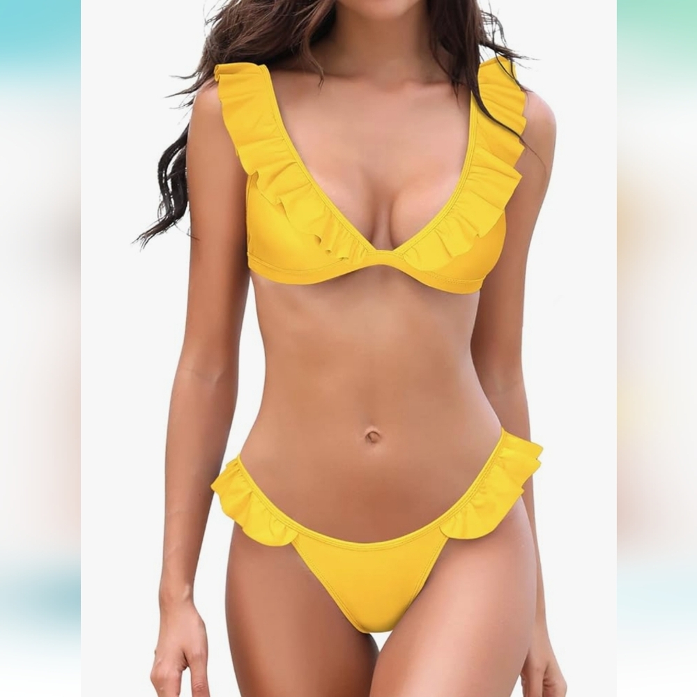Yellow Ruffle Bikini Set - Women Swim